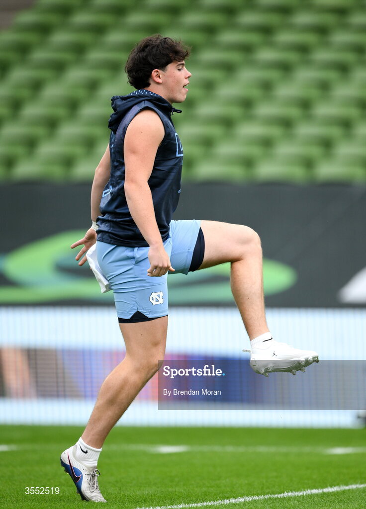 29 August 2026; North Carolina punter Adam McCann-Gibbs #91 warms up before the 2026 Aer Lingus College Football Classic match between TCU and North Carolina at the Aviva Stadium in Dublin. Photo by Brendan Moran/Sportsfile