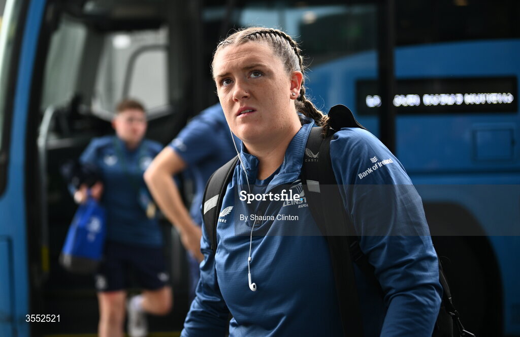 29 August 2026; Hannah Wilson of Leinster arrives ahead of the Vodafone Womens Interprovincial Championship final match between Munster and Leinster at Dexcom Stadium in Galway. Photo by Shauna Clinton/Sportsfile
