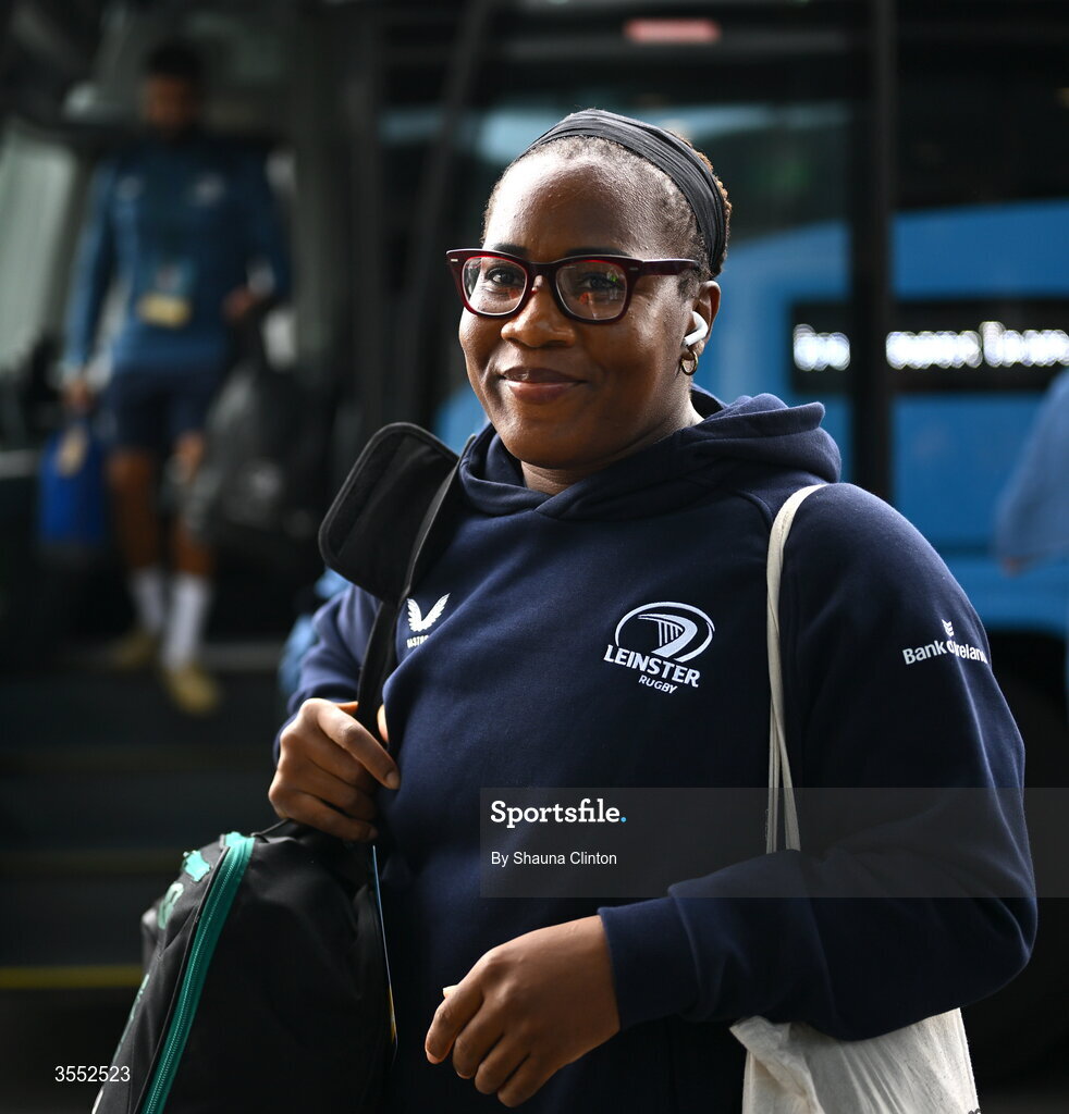 29 August 2026; Linda Djougang of Leinster arrives ahead of the Vodafone Womens Interprovincial Championship final match between Munster and Leinster at Dexcom Stadium in Galway. Photo by Shauna Clinton/Sportsfile