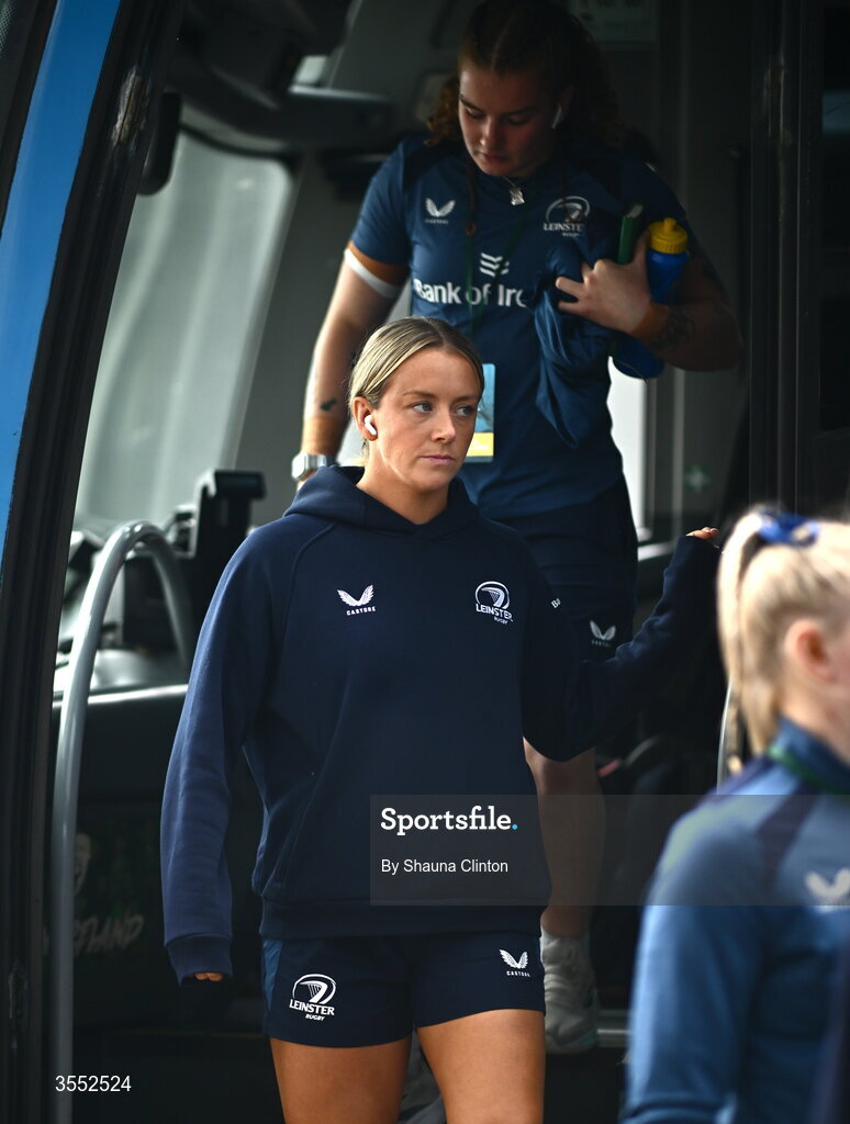 29 August 2026; Stacey Flood of Leinster arrives ahead of the Vodafone Womens Interprovincial Championship final match between Munster and Leinster at Dexcom Stadium in Galway. Photo by Shauna Clinton/Sportsfile