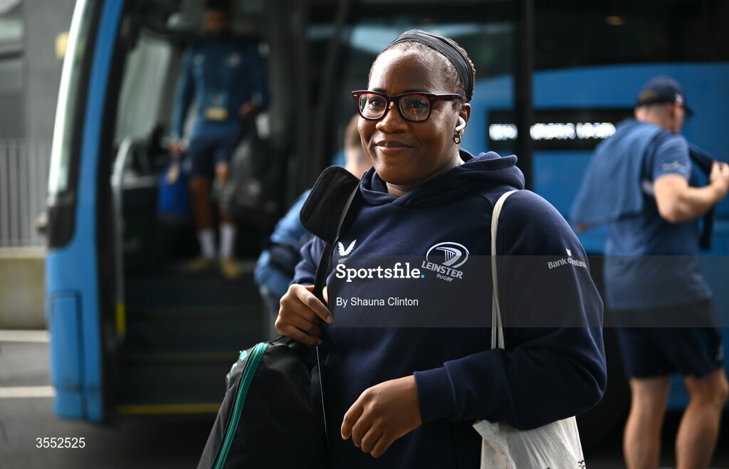 29 August 2026; Linda Djougang of Leinster arrives ahead of the Vodafone Womens Interprovincial Championship final match between Munster and Leinster at Dexcom Stadium in Galway. Photo by Shauna Clinton/Sportsfile