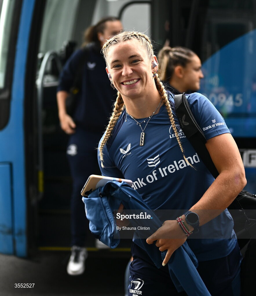 29 August 2026; Kathy Baker of Leinster arrives ahead of the Vodafone Womens Interprovincial Championship final match between Munster and Leinster at Dexcom Stadium in Galway. Photo by Shauna Clinton/Sportsfile