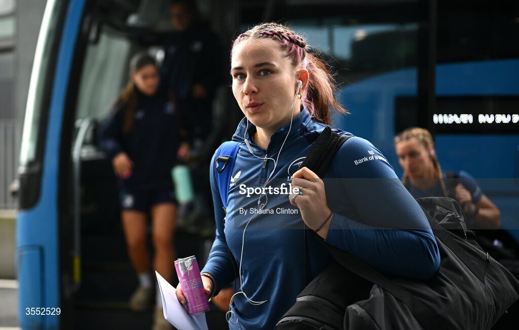 29 August 2026; Nikki Gibson of Leinster arrives ahead of the Vodafone Womens Interprovincial Championship final match between Munster and Leinster at Dexcom Stadium in Galway. Photo by Shauna Clinton/Sportsfile