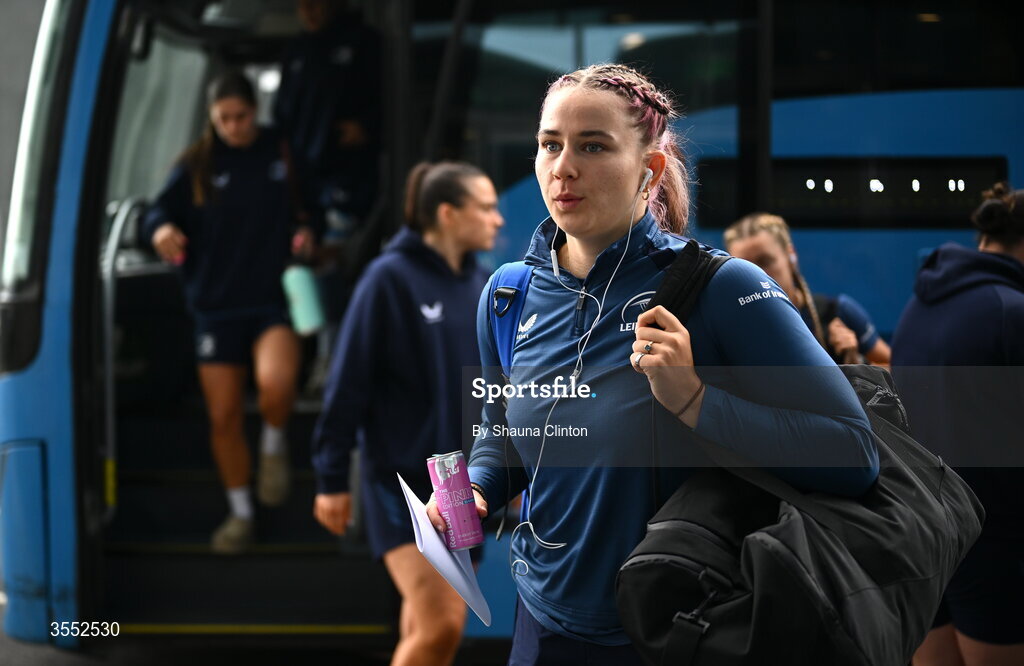 29 August 2026; Nikki Gibson of Leinster arrives ahead of the Vodafone Womens Interprovincial Championship final match between Munster and Leinster at Dexcom Stadium in Galway. Photo by Shauna Clinton/Sportsfile