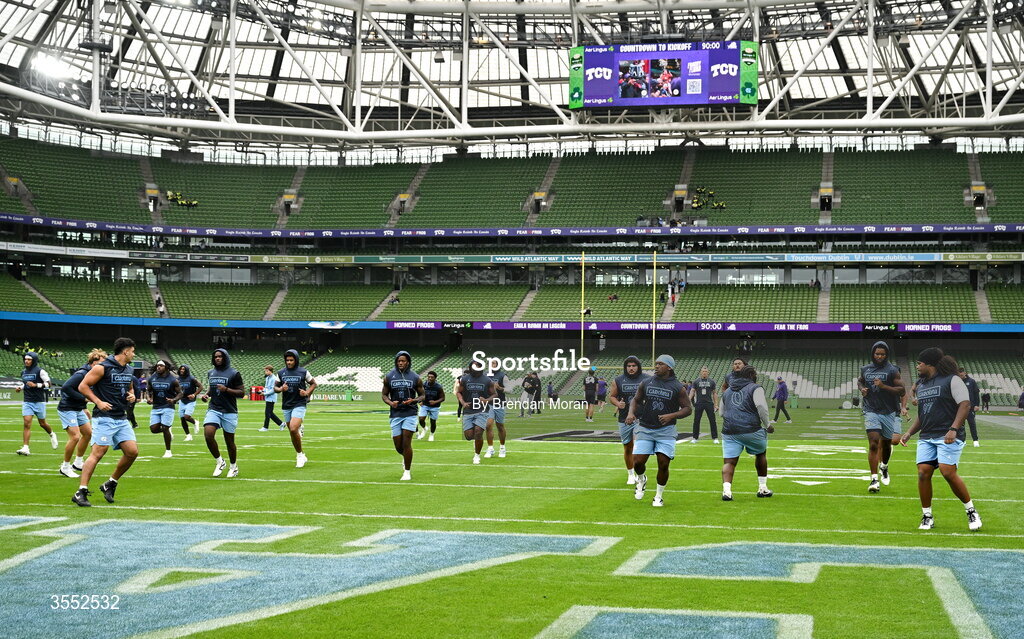 29 August 2026; North Carolina players warm up before the 2026 Aer Lingus College Football Classic match between TCU and North Carolina at the Aviva Stadium in Dublin. Photo by Brendan Moran/Sportsfile