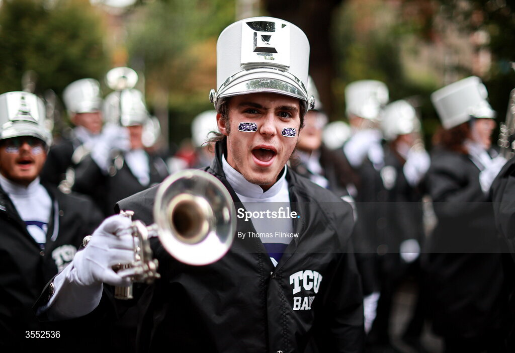 29 August 2026; TCU band march to the stadium before the 2026 Aer Lingus College Football Classic match between TCU and North Carolina at the Aviva Stadium in Dublin. Photo by Thomas Flinkow/Sportsfile