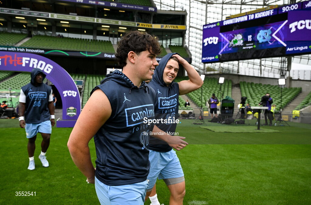 29 August 2026; North Carolina punter Adam McCann-Gibbs #91 warms up before the 2026 Aer Lingus College Football Classic match between TCU and North Carolina at the Aviva Stadium in Dublin. Photo by Brendan Moran/Sportsfile