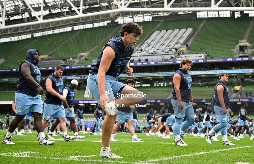29 August 2026; North Carolina punter Adam McCann-Gibbs #91 warms up before the 2026 Aer Lingus College Football Classic match between TCU and North Carolina at the Aviva Stadium in Dublin. Photo by Brendan Moran/Sportsfile