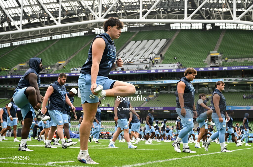 29 August 2026; North Carolina punter Adam McCann-Gibbs #91 warms up before the 2026 Aer Lingus College Football Classic match between TCU and North Carolina at the Aviva Stadium in Dublin. Photo by Brendan Moran/Sportsfile