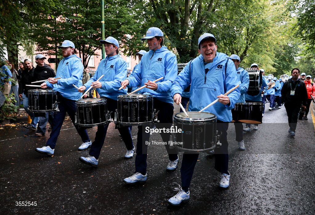 29 August 2026; North Carolina band march to the stadium before the 2026 Aer Lingus College Football Classic match between TCU and North Carolina at the Aviva Stadium in Dublin. Photo by Thomas Flinkow/Sportsfile