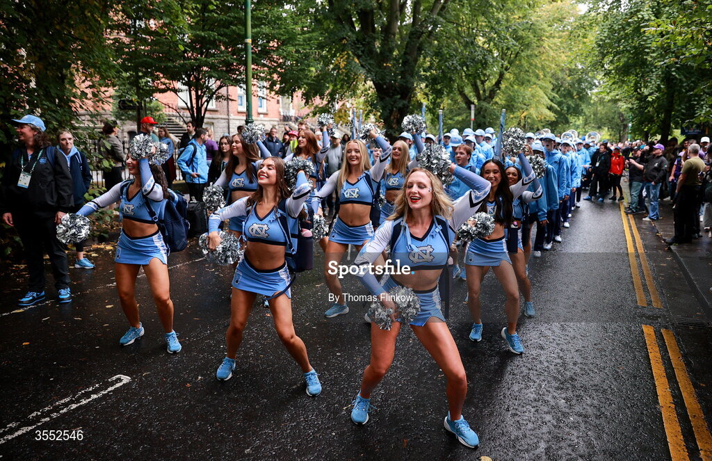 29 August 2026; North Carolina cheerleaders march to the stadium before the 2026 Aer Lingus College Football Classic match between TCU and North Carolina at the Aviva Stadium in Dublin. Photo by Thomas Flinkow/Sportsfile