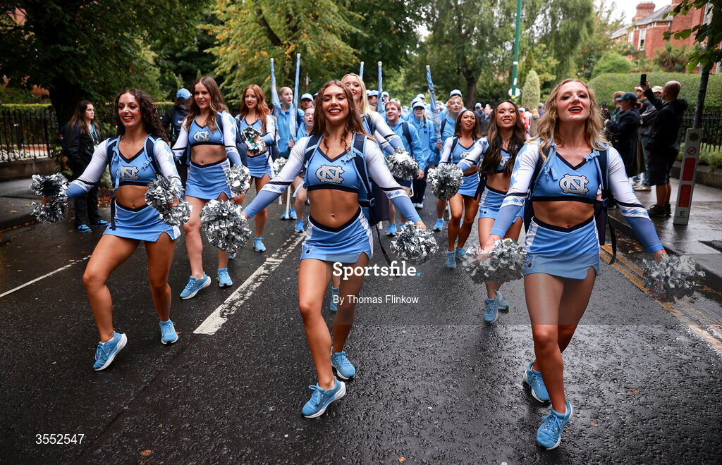 29 August 2026; North Carolina cheerleaders march to the stadium before the 2026 Aer Lingus College Football Classic match between TCU and North Carolina at the Aviva Stadium in Dublin. Photo by Thomas Flinkow/Sportsfile