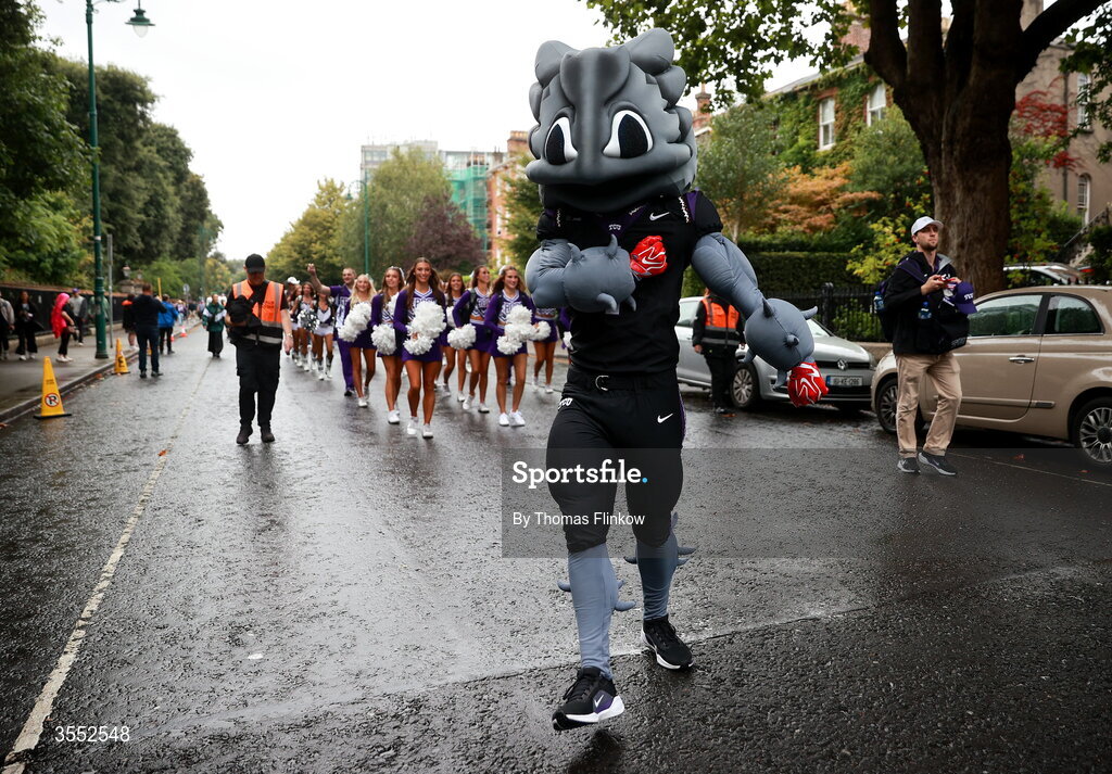 29 August 2026; TCU band march to the stadium before the 2026 Aer Lingus College Football Classic match between TCU and North Carolina at the Aviva Stadium in Dublin. Photo by Thomas Flinkow/Sportsfile
