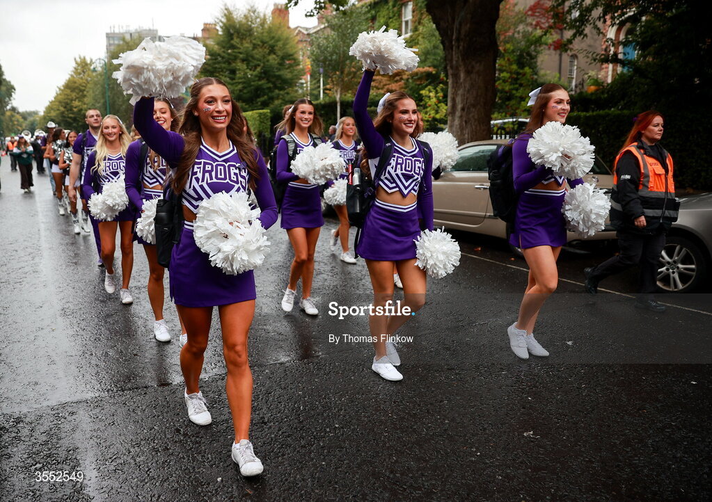 29 August 2026; TCU band march to the stadium before the 2026 Aer Lingus College Football Classic match between TCU and North Carolina at the Aviva Stadium in Dublin. Photo by Thomas Flinkow/Sportsfile