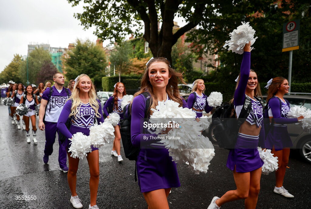 29 August 2026; TCU band march to the stadium before the 2026 Aer Lingus College Football Classic match between TCU and North Carolina at the Aviva Stadium in Dublin. Photo by Thomas Flinkow/Sportsfile