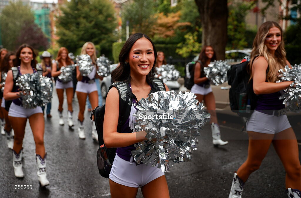 29 August 2026; TCU band march to the stadium before the 2026 Aer Lingus College Football Classic match between TCU and North Carolina at the Aviva Stadium in Dublin. Photo by Thomas Flinkow/Sportsfile