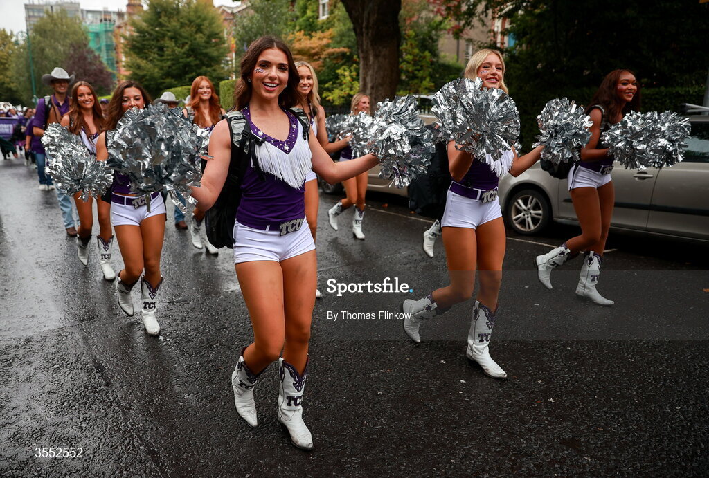 29 August 2026; TCU band march to the stadium before the 2026 Aer Lingus College Football Classic match between TCU and North Carolina at the Aviva Stadium in Dublin. Photo by Thomas Flinkow/Sportsfile