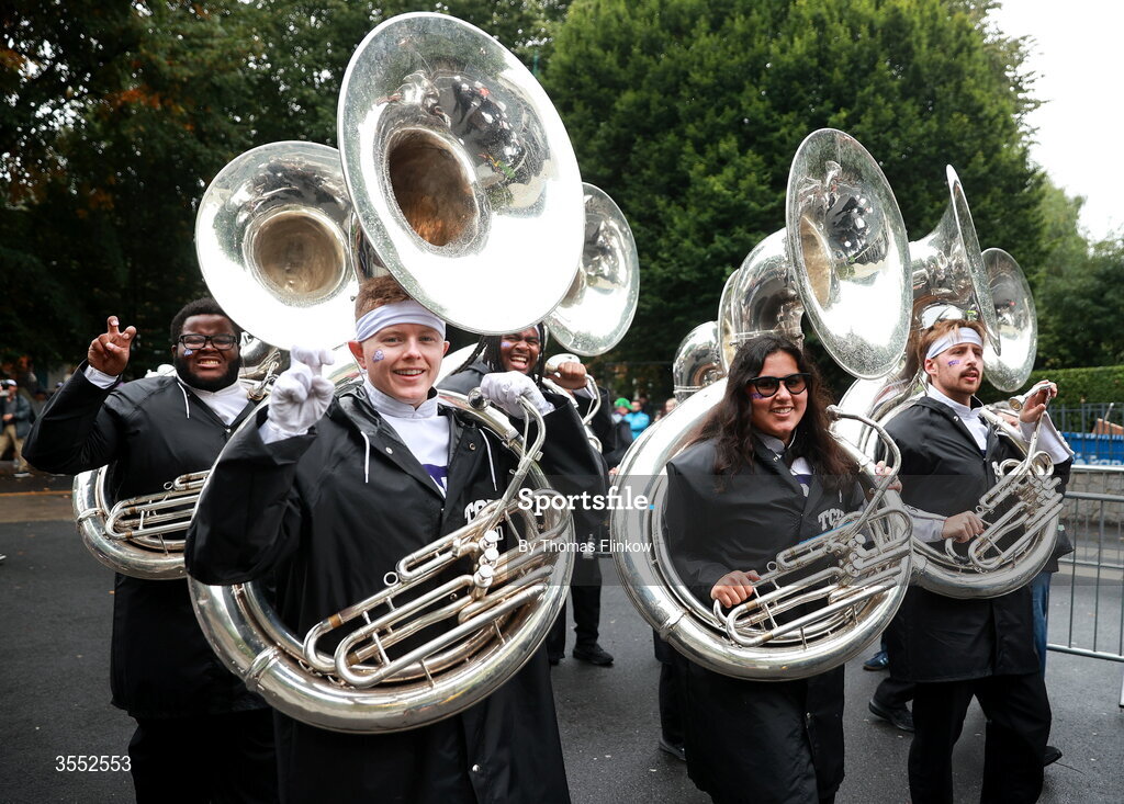 29 August 2026; TCU band march to the stadium before the 2026 Aer Lingus College Football Classic match between TCU and North Carolina at the Aviva Stadium in Dublin. Photo by Thomas Flinkow/Sportsfile