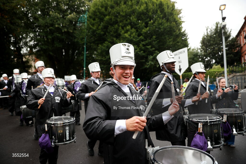 29 August 2026; TCU band march to the stadium before the 2026 Aer Lingus College Football Classic match between TCU and North Carolina at the Aviva Stadium in Dublin. Photo by Thomas Flinkow/Sportsfile