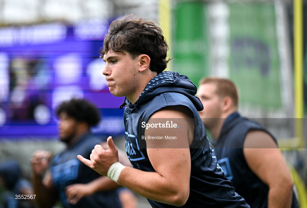29 August 2026; North Carolina punter Adam McCann-Gibbs #91 warms up before the 2026 Aer Lingus College Football Classic match between TCU and North Carolina at the Aviva Stadium in Dublin. Photo by Brendan Moran/Sportsfile