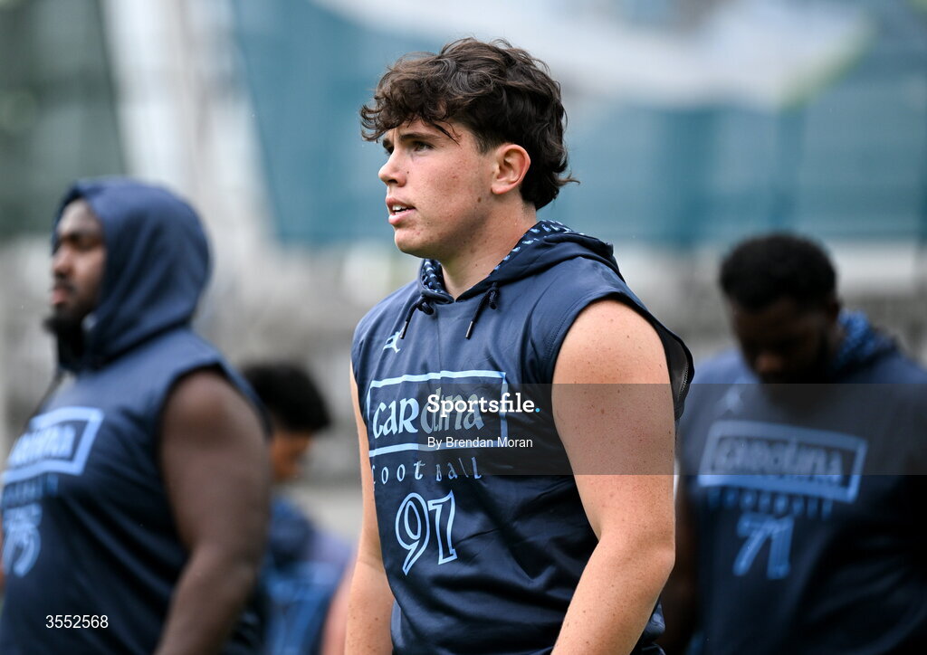 29 August 2026; North Carolina punter Adam McCann-Gibbs #91 warms up before the 2026 Aer Lingus College Football Classic match between TCU and North Carolina at the Aviva Stadium in Dublin. Photo by Brendan Moran/Sportsfile