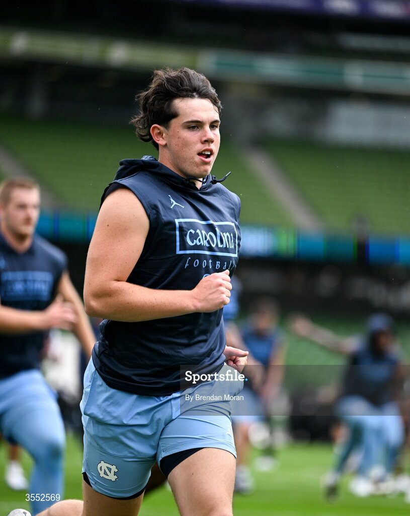 29 August 2026; North Carolina punter Adam McCann-Gibbs #91 warms up before the 2026 Aer Lingus College Football Classic match between TCU and North Carolina at the Aviva Stadium in Dublin. Photo by Brendan Moran/Sportsfile