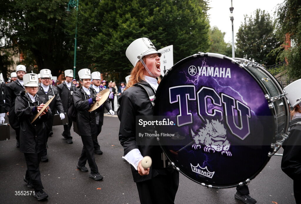 29 August 2026; TCU band march to the stadium before the 2026 Aer Lingus College Football Classic match between TCU and North Carolina at the Aviva Stadium in Dublin. Photo by Thomas Flinkow/Sportsfile