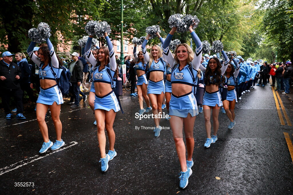 29 August 2026; North Carolina band march to the stadium before the 2026 Aer Lingus College Football Classic match between TCU and North Carolina at the Aviva Stadium in Dublin. Photo by Thomas Flinkow/Sportsfile
