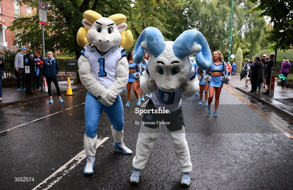 29 August 2026; North Carolina mascots march to the stadium before the 2026 Aer Lingus College Football Classic match between TCU and North Carolina at the Aviva Stadium in Dublin. Photo by Thomas Flinkow/Sportsfile