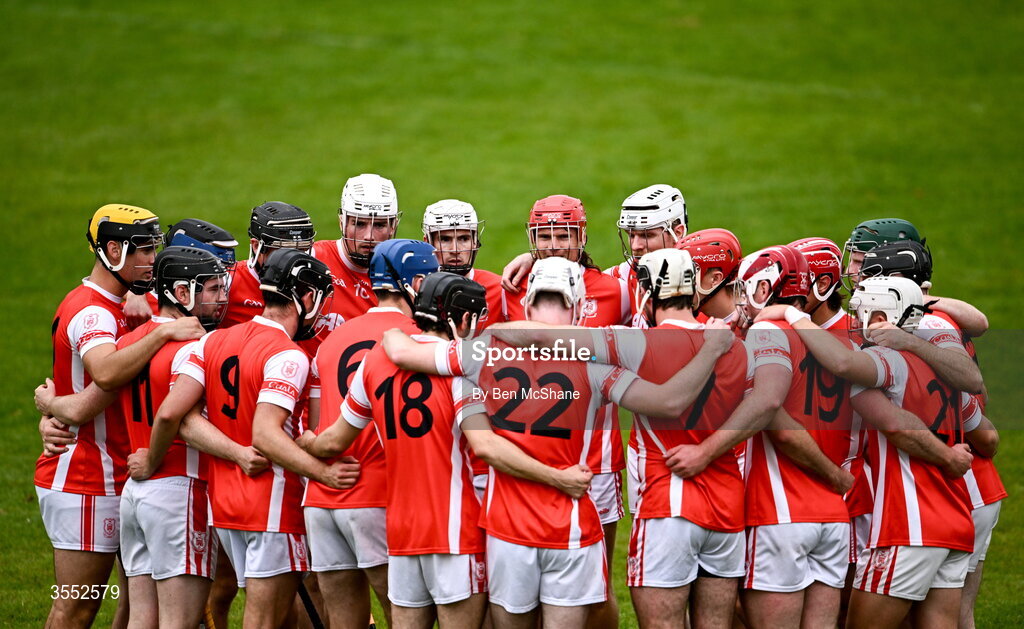 29 August 2026; Cuala players huddle before the PTSB Dublin Senior Club Hurling Championships Round 4 match between Cuala and Faughs at Parnell Park in Dublin. Photo by Ben McShane/Sportsfile