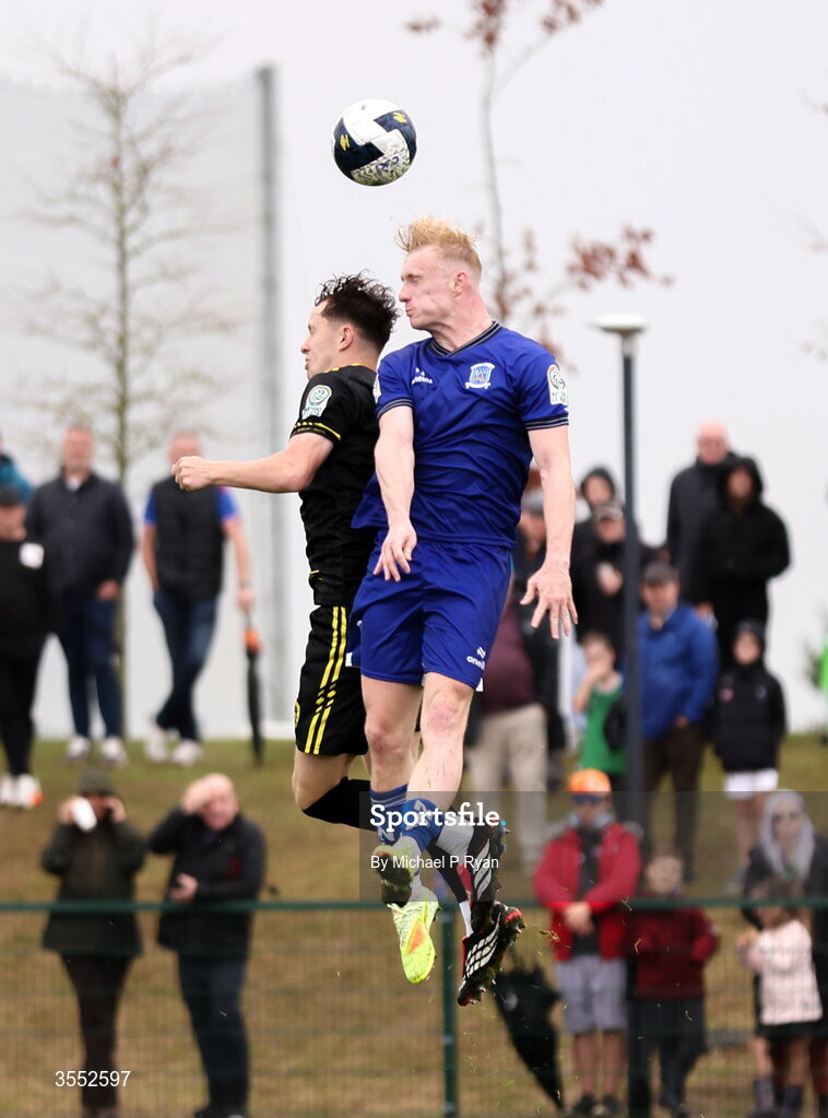 29 August 2026; Liam McDonnell of CK United in action against Finn Cowper Gray of Newbridge Town during the FAI National League Group 3 match between CK United and Newbridge Town at SETU Sports Complex in Carlow. Photo by Michael P Ryan/Sportsfile