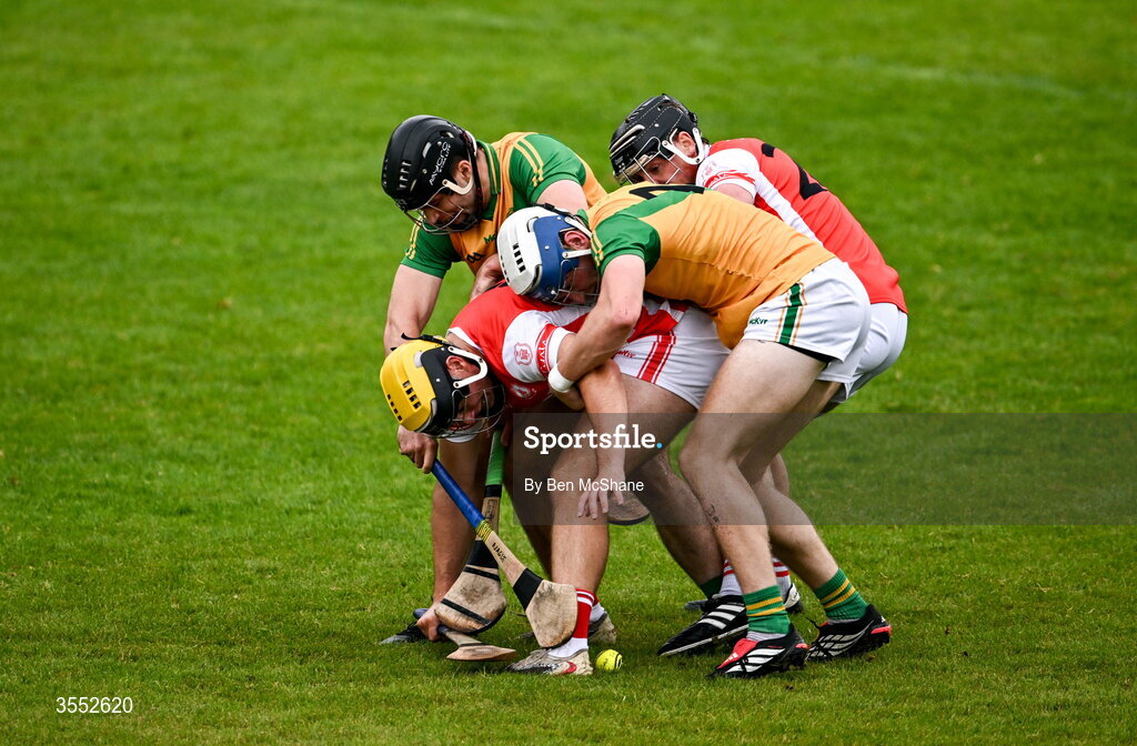 29 August 2026; Aodhan English, left, and Kevin Kirwan of Cuala in action against Ciaran Nagle, left, and Liam Mostyn of Faughs during the PTSB Dublin Senior Club Hurling Championships Round 4 match between Cuala and Faughs at Parnell Park in Dublin. Photo by Ben McShane/Sportsfile