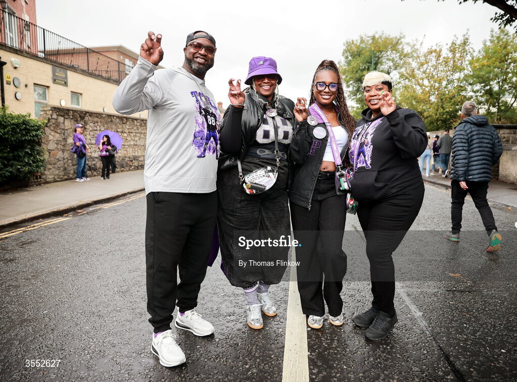 29 August 2026; TCU supporters, from left,  Chris, Renae, Khai and Recca Pimpton outside the stadium before the 2026 Aer Lingus College Football Classic match between TCU and North Carolina at the Aviva Stadium in Dublin. Photo by Thomas Flinkow/Sportsfile