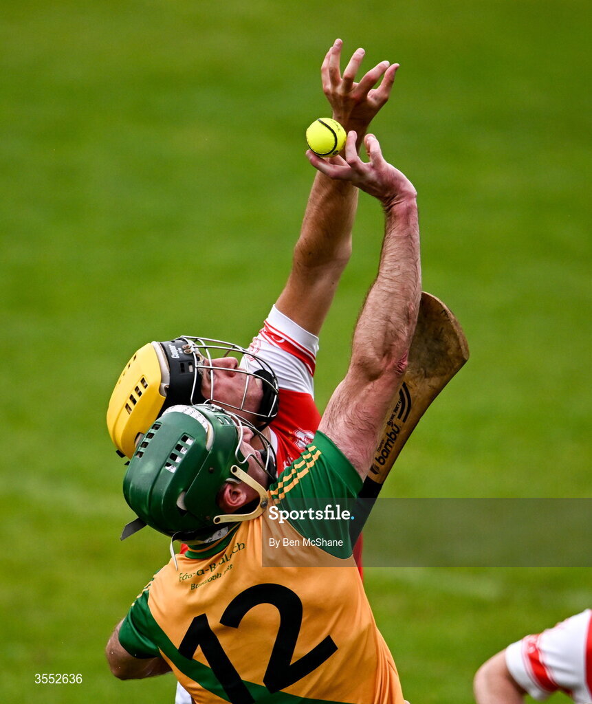 29 August 2026; Brian Murray of Faughs and Aodhan English of Cuala contest possession during the PTSB Dublin Senior Club Hurling Championships Round 4 match between Cuala and Faughs at Parnell Park in Dublin. Photo by Ben McShane/Sportsfile