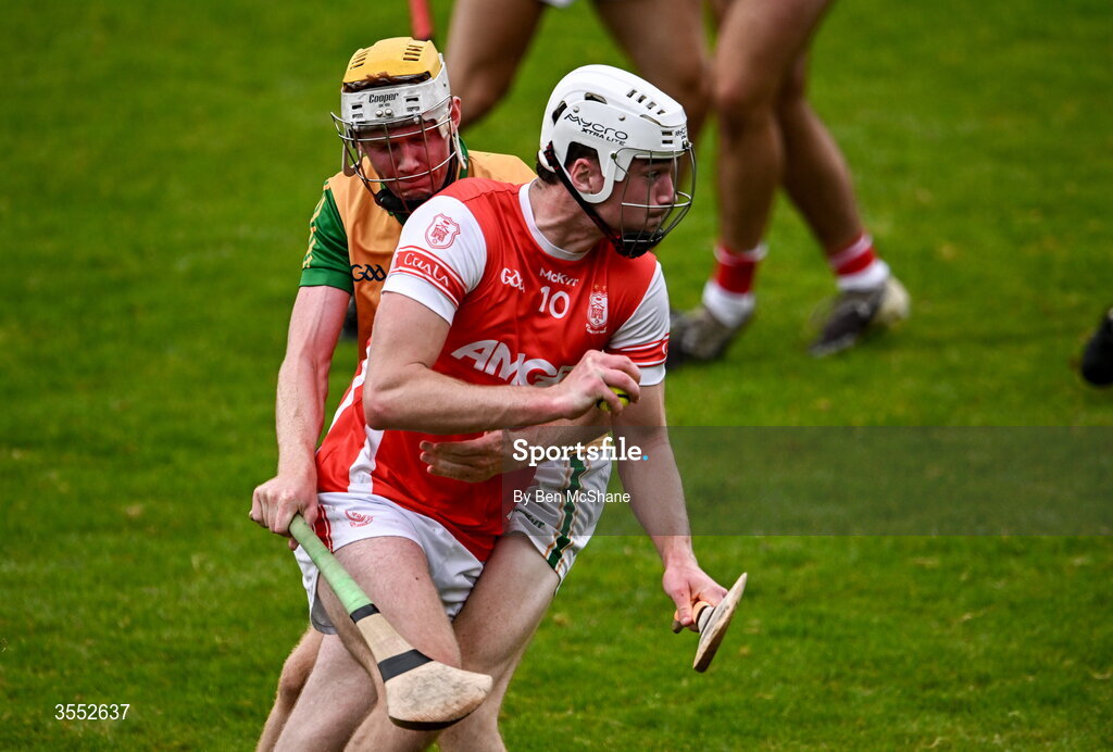 29 August 2026; George O'Toole of Cuala in action against Aedan Mostyn of Faughs during the PTSB Dublin Senior Club Hurling Championships Round 4 match between Cuala and Faughs at Parnell Park in Dublin. Photo by Ben McShane/Sportsfile