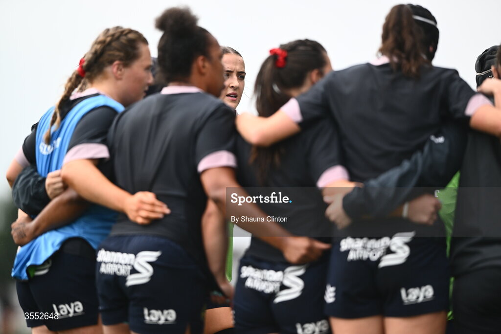 29 August 2026; Munster players warm-up before the Vodafone Womens Interprovincial Championship final match between Munster and Leinster at Dexcom Stadium in Galway. Photo by Shauna Clinton/Sportsfile