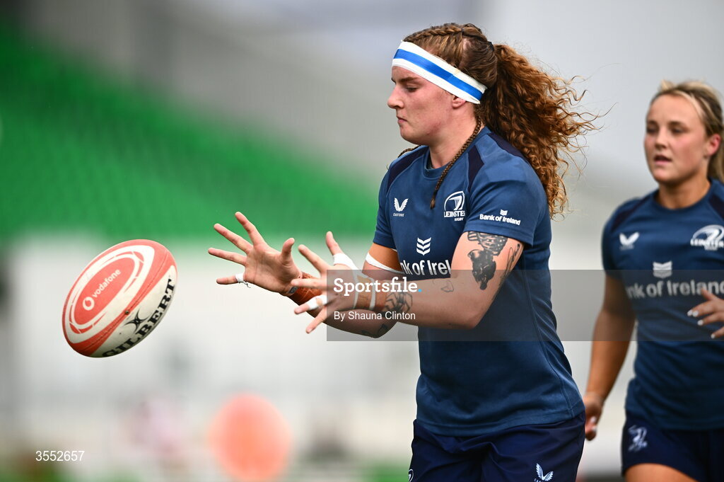 29 August 2026; Ruth Campbell of Leinster warms-up before the Vodafone Womens Interprovincial Championship final match between Munster and Leinster at Dexcom Stadium in Galway. Photo by Shauna Clinton/Sportsfile