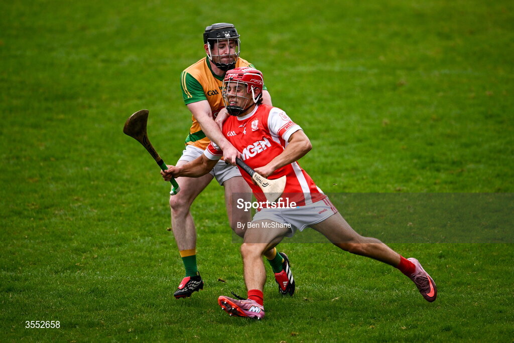 29 August 2026; Conor Groarke of Cuala is tackled by Carl O'Mahony of Faughs during the PTSB Dublin Senior Club Hurling Championships Round 4 match between Cuala and Faughs at Parnell Park in Dublin. Photo by Ben McShane/Sportsfile