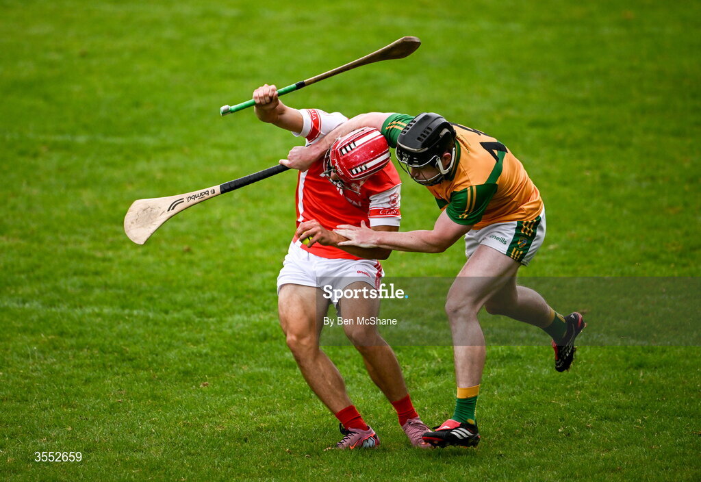 29 August 2026; Conor Groarke of Cuala is tackled by Carl O'Mahony of Faughs during the PTSB Dublin Senior Club Hurling Championships Round 4 match between Cuala and Faughs at Parnell Park in Dublin. Photo by Ben McShane/Sportsfile