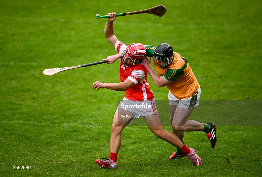 29 August 2026; Conor Groarke of Cuala is tackled by Carl O'Mahony of Faughs during the PTSB Dublin Senior Club Hurling Championships Round 4 match between Cuala and Faughs at Parnell Park in Dublin. Photo by Ben McShane/Sportsfile