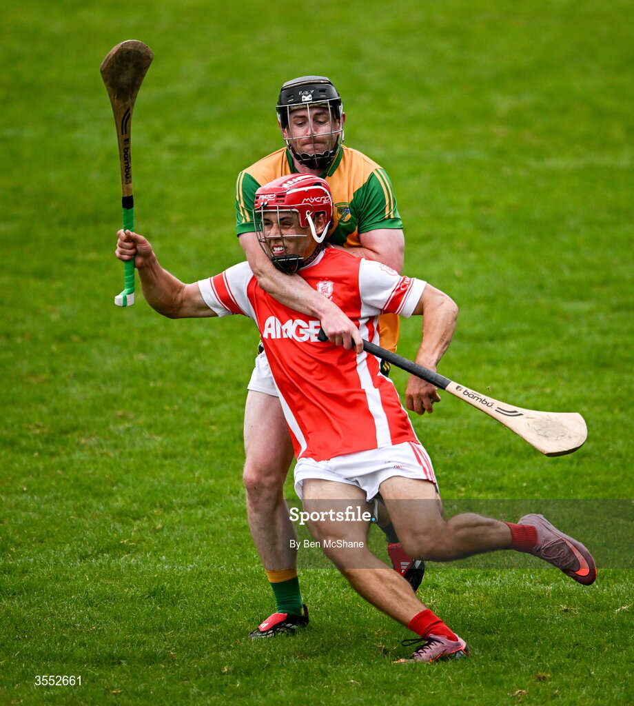 29 August 2026; Conor Groarke of Cuala is tackled by Carl O'Mahony of Faughs during the PTSB Dublin Senior Club Hurling Championships Round 4 match between Cuala and Faughs at Parnell Park in Dublin. Photo by Ben McShane/Sportsfile