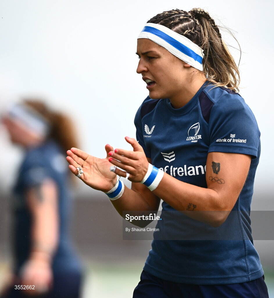 29 August 2026; Erin King of Leinster warms-up before the Vodafone Womens Interprovincial Championship final match between Munster and Leinster at Dexcom Stadium in Galway. Photo by Shauna Clinton/Sportsfile