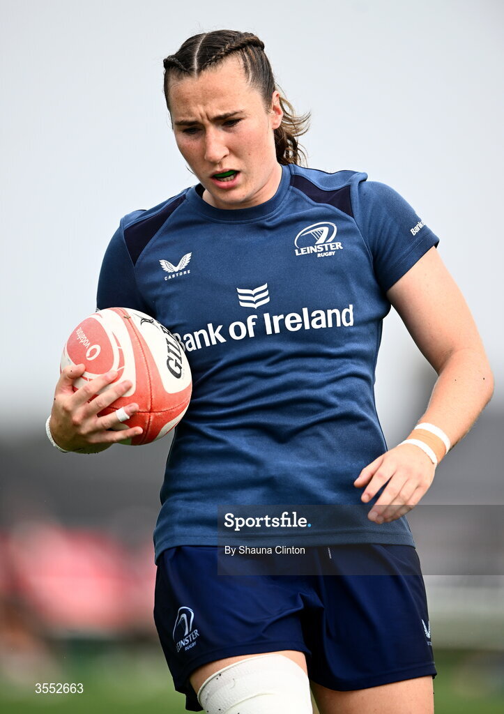 29 August 2026; Eve Higgins of Leinster warms-up before the Vodafone Womens Interprovincial Championship final match between Munster and Leinster at Dexcom Stadium in Galway. Photo by Shauna Clinton/Sportsfile