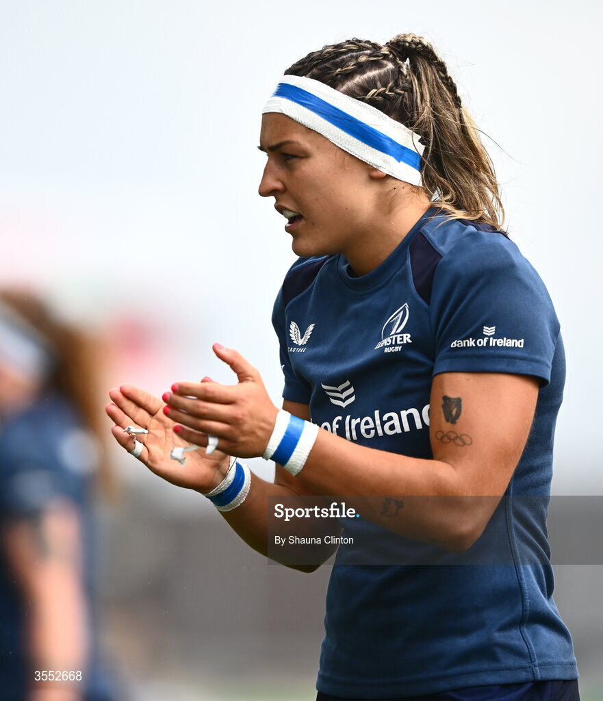 29 August 2026; Erin King of Leinster warms-up before the Vodafone Womens Interprovincial Championship final match between Munster and Leinster at Dexcom Stadium in Galway. Photo by Shauna Clinton/Sportsfile