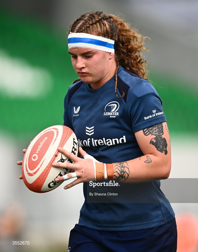 29 August 2026; Ruth Campbell of Leinster warms-up before the Vodafone Womens Interprovincial Championship final match between Munster and Leinster at Dexcom Stadium in Galway. Photo by Shauna Clinton/Sportsfile