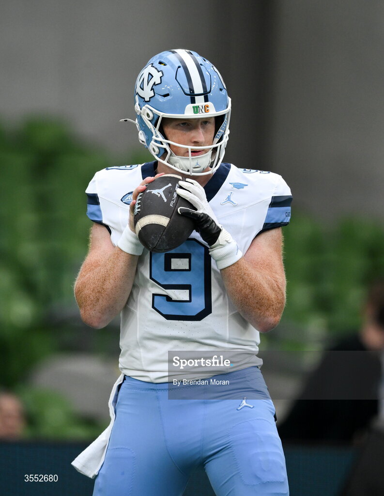 29 August 2026; North Carolina quarterback Billy Edwards Jr #9 warms up before the 2026 Aer Lingus College Football Classic match between TCU and North Carolina at the Aviva Stadium in Dublin. Photo by Brendan Moran/Sportsfile
