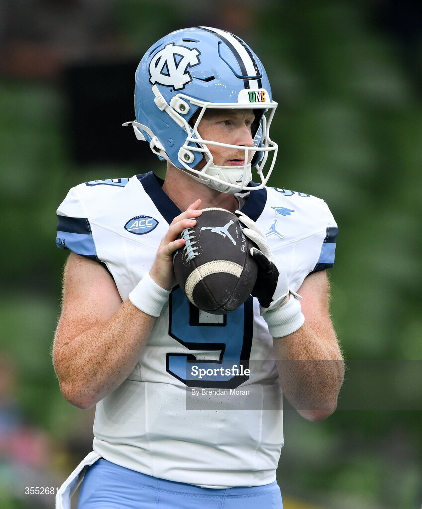 29 August 2026; North Carolina quarterback Billy Edwards Jr #9 warms up before the 2026 Aer Lingus College Football Classic match between TCU and North Carolina at the Aviva Stadium in Dublin. Photo by Brendan Moran/Sportsfile