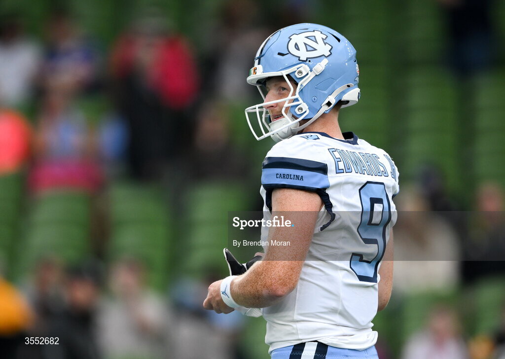 29 August 2026; North Carolina quarterback Billy Edwards Jr #9 warms up before the 2026 Aer Lingus College Football Classic match between TCU and North Carolina at the Aviva Stadium in Dublin. Photo by Brendan Moran/Sportsfile