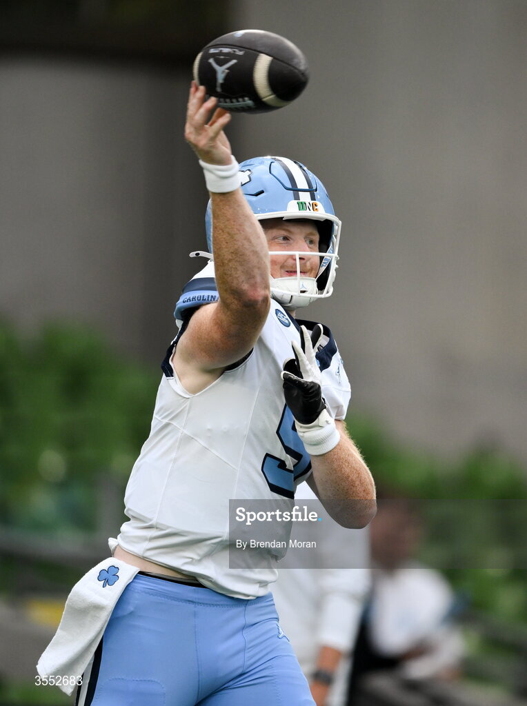 29 August 2026; North Carolina quarterback Billy Edwards Jr #9 warms up before the 2026 Aer Lingus College Football Classic match between TCU and North Carolina at the Aviva Stadium in Dublin. Photo by Brendan Moran/Sportsfile