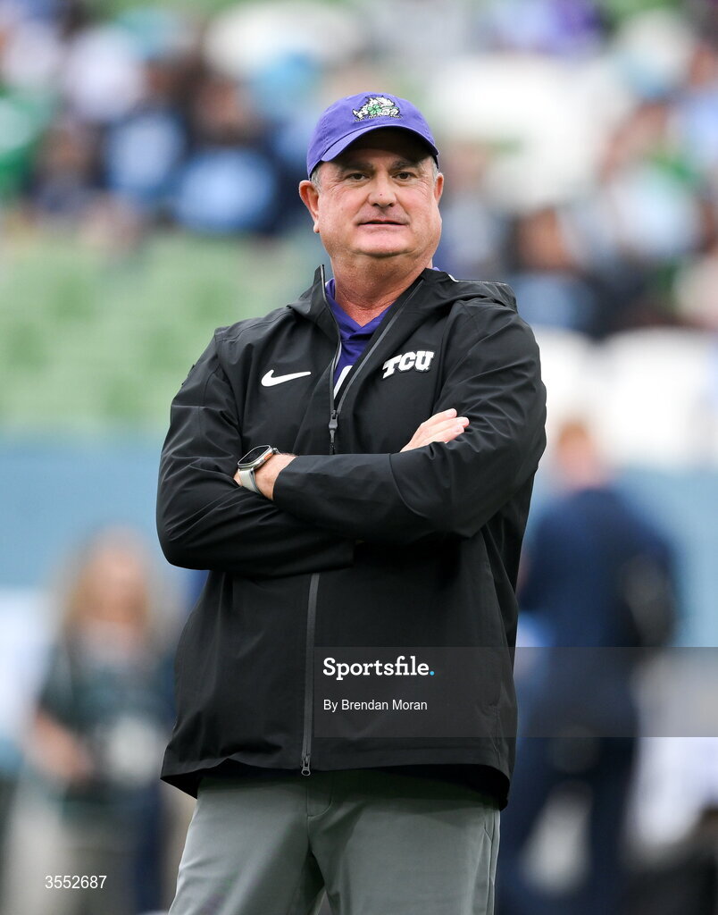 29 August 2026; TCU head coach Sonny Dykes before the 2026 Aer Lingus College Football Classic match between TCU and North Carolina at the Aviva Stadium in Dublin. Photo by Brendan Moran/Sportsfile